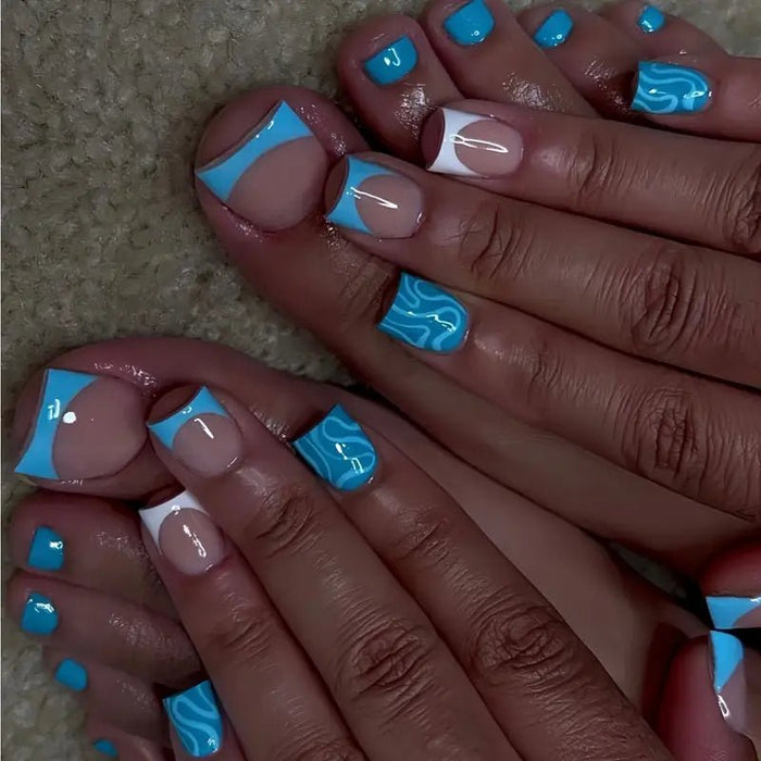 24 Piezas de Uñas Postizas Elegantes con Rayas Azules al Estilo Francés - Quierox - Tienda Online