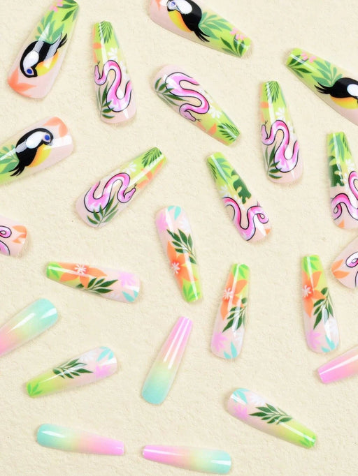 24 piezas de uñas Tropical colorido degradado patrón de flor de serpiente - Quierox - Tienda Online