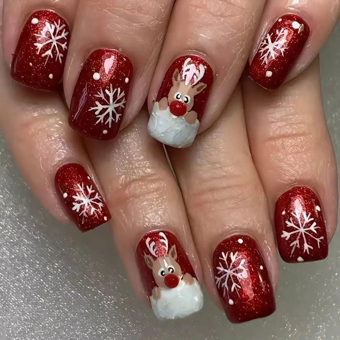 24 Uds. De uñas postizas navideñas con bonito alce diseños de estilo rojo - Quierox - Tienda Online