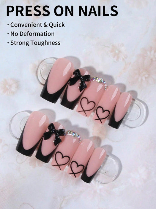 24 uñas postizas acrílicas, diseño de corazón, manicura francesa negra - Quierox - Tienda Online
