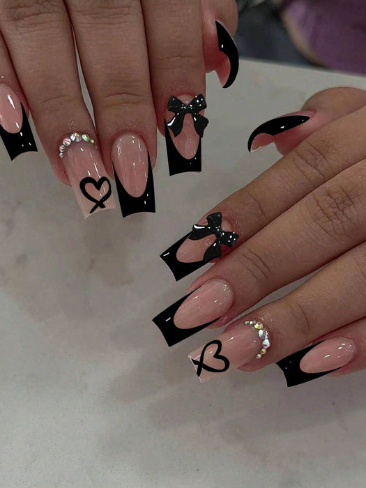 24 uñas postizas acrílicas, diseño de corazón, manicura francesa negra - Quierox - Tienda Online