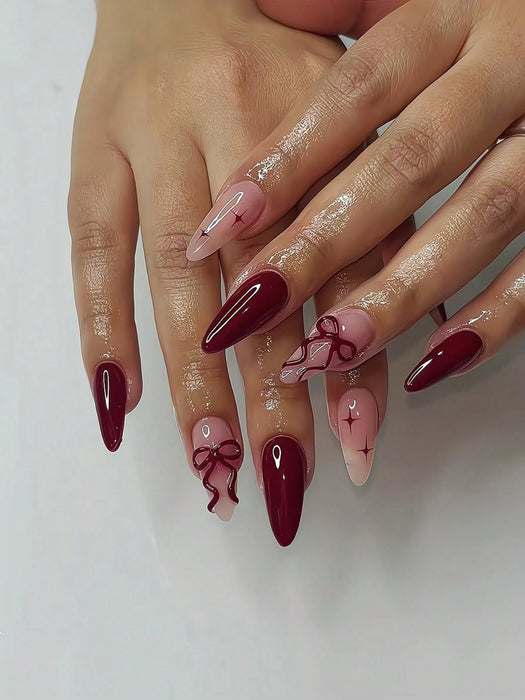 24 uñas postizas de almendra de color vino tinto con decoración de cometa y lazo - Quierox - Tienda Online