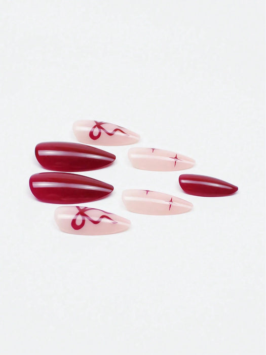 24 uñas postizas de almendra de color vino tinto con decoración de cometa y lazo - Quierox - Tienda Online