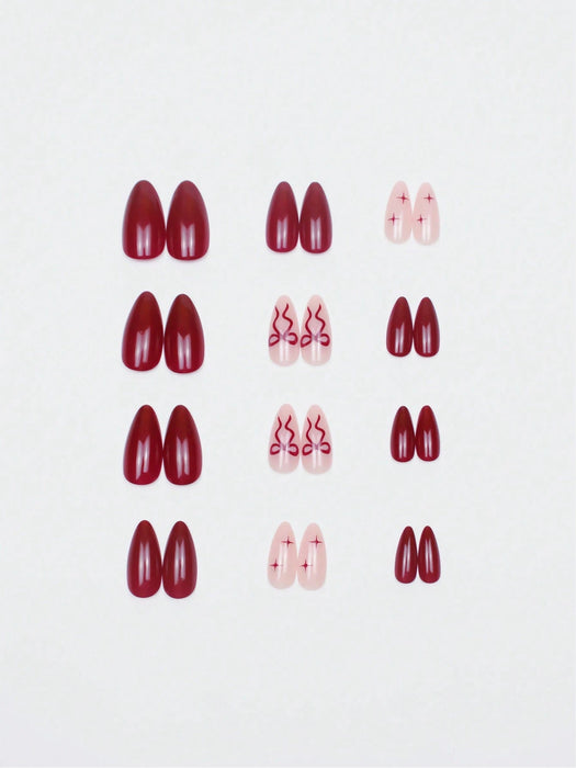 24 uñas postizas de almendra de color vino tinto con decoración de cometa y lazo - Quierox - Tienda Online