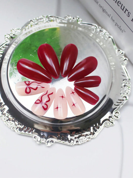 24 uñas postizas de almendra de color vino tinto con decoración de cometa y lazo - Quierox - Tienda Online