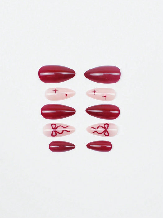 24 uñas postizas de almendra de color vino tinto con decoración de cometa y lazo - Quierox - Tienda Online
