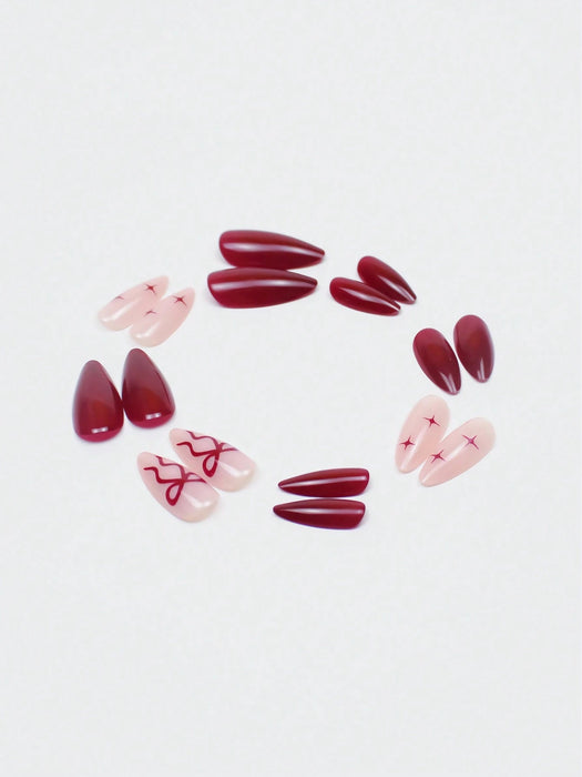 24 uñas postizas de almendra de color vino tinto con decoración de cometa y lazo - Quierox - Tienda Online