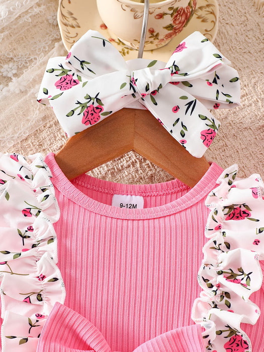 Vestido para niñas con estampado floral, detalle de lazo y borde festoneado, manga abullonada