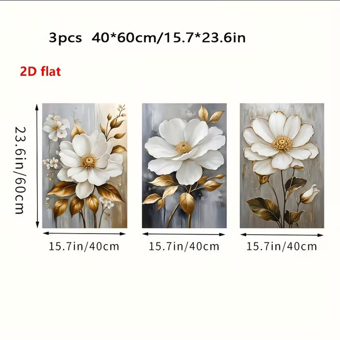 2D Plano Una Combinación Perfecta de 3 Hojas Doradas y Flores Blancas