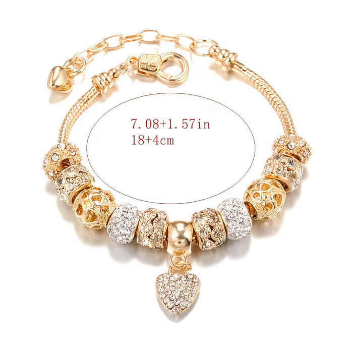 1pc Pulsera Elegante de Tono Dorado con Cuentas de Cristal y Colgante de Corazón