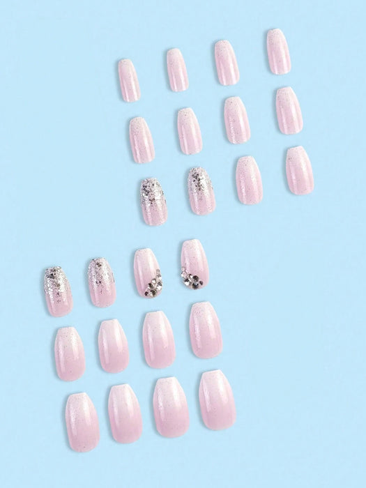 SHEIN 24 pegatinas para uñas con forma de ataúd con purpurina, diamantes de imitación