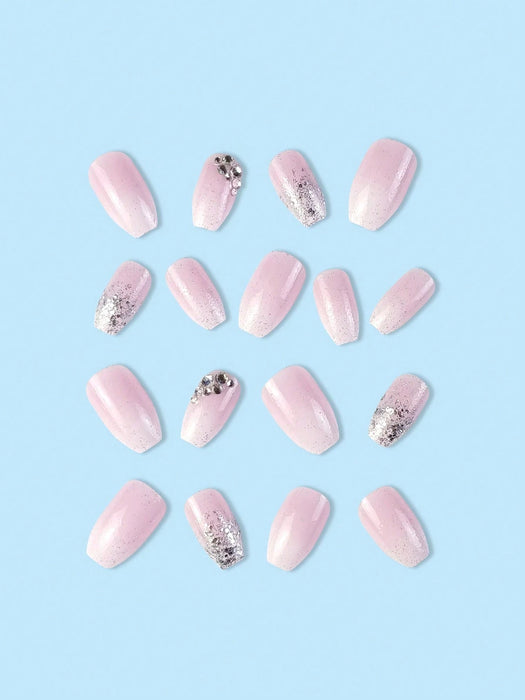 SHEIN 24 pegatinas para uñas con forma de ataúd con purpurina, diamantes de imitación