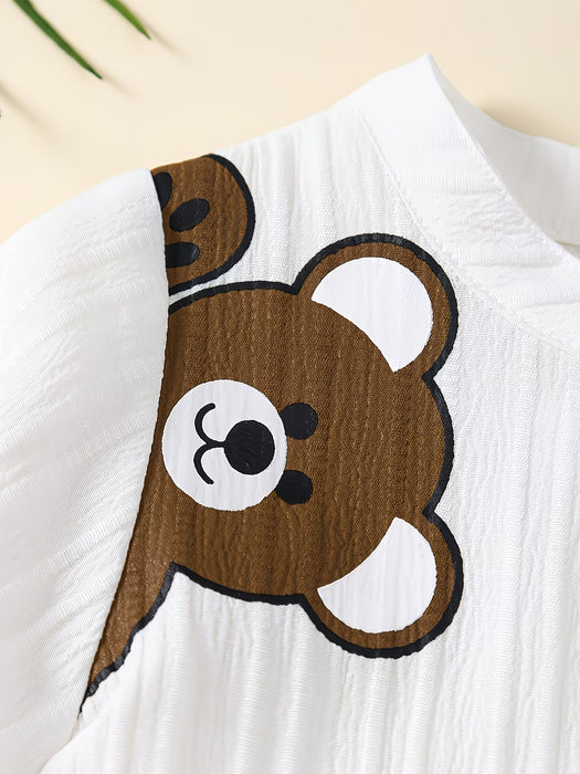 Conjunto de 2 piezas para niño con estampado de oso: cárdigan de manga corta y pantalones cortos