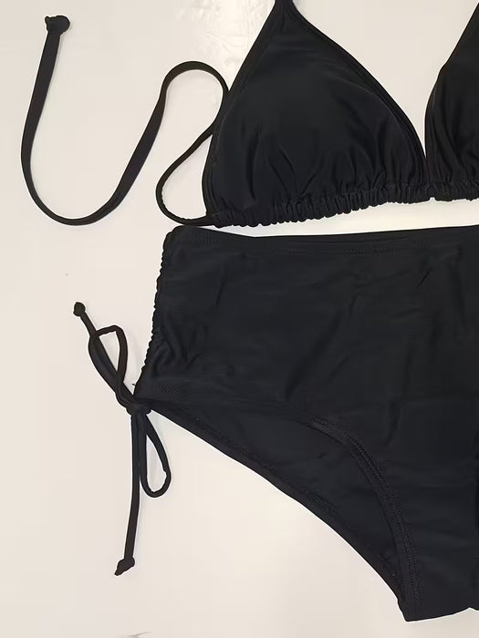 Conjunto de bikini de 2 piezas, Traje de baño sin espalda con tiras y cintura alta de mujer