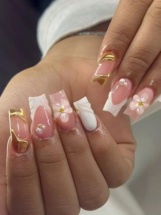 24pcs de uñas de gel 3D cuadradas largas para crear uñas con diseño de flores y perlas - Quierox - Tienda Online