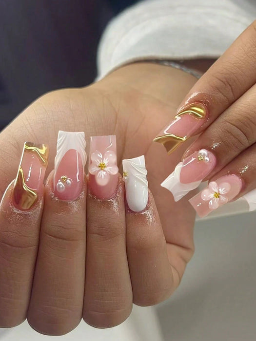 24pcs de uñas de gel 3D cuadradas largas para crear uñas con diseño de flores y perlas - Quierox - Tienda Online