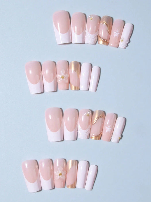 24pcs de uñas de gel 3D cuadradas largas para crear uñas con diseño de flores y perlas - Quierox - Tienda Online