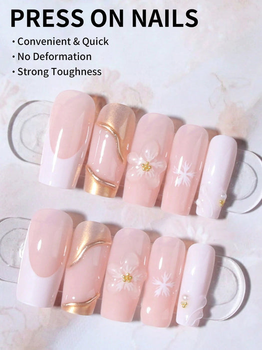 24pcs de uñas de gel 3D cuadradas largas para crear uñas con diseño de flores y perlas - Quierox - Tienda Online