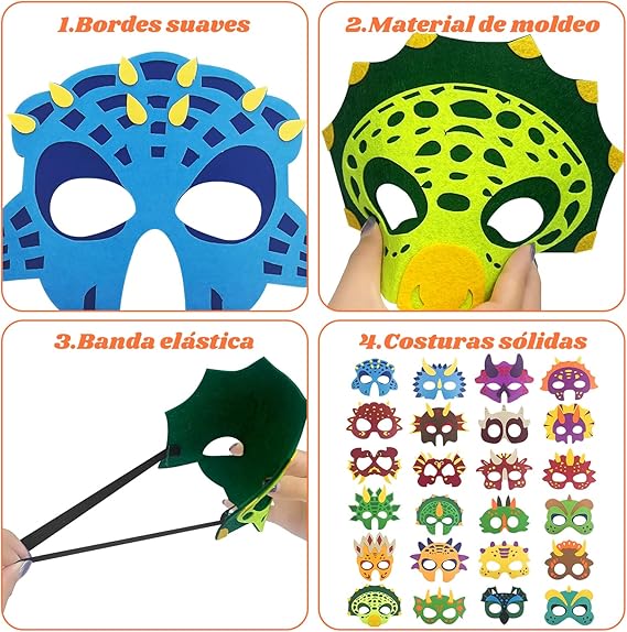 24PCS Máscara de Fiesta de Dinosaurio con Cordón Elástico diseños aleatorios - Quierox - Tienda Online