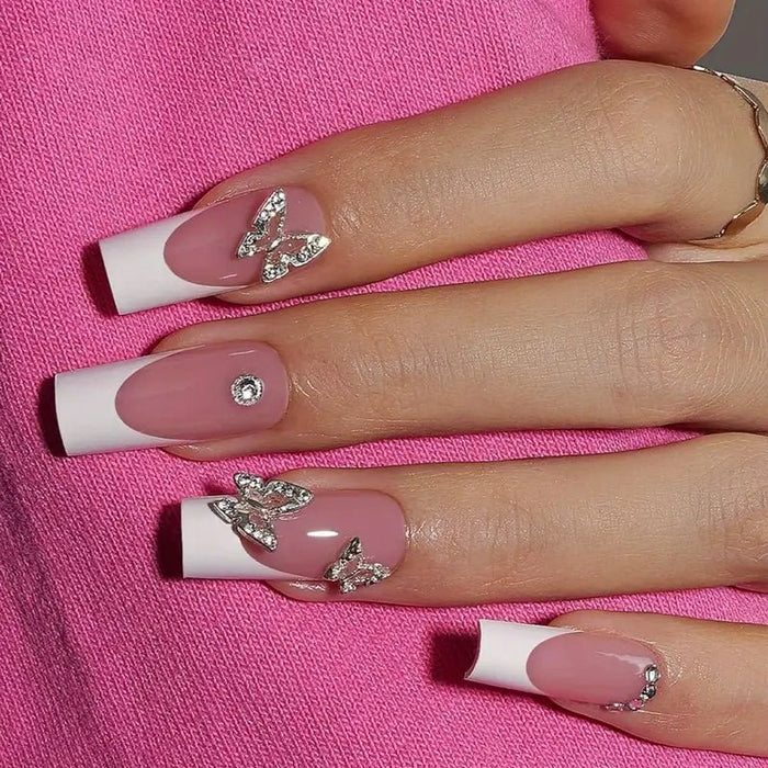 24pcs Uñas Postizas de Gel Franceses, Cuadradas Rosa y Blanca - Quierox - Tienda Online