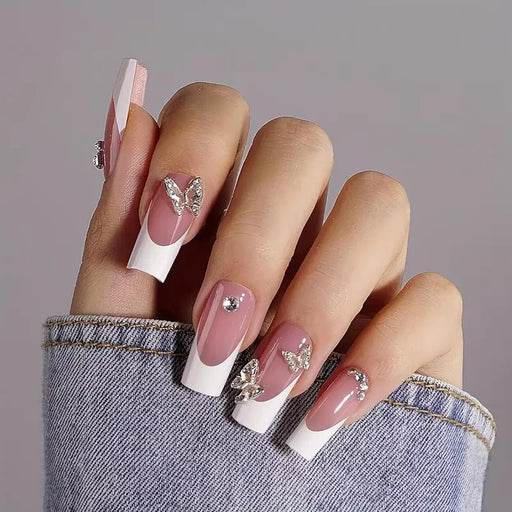 24pcs Uñas Postizas de Gel Franceses, Cuadradas Rosa y Blanca - Quierox - Tienda Online