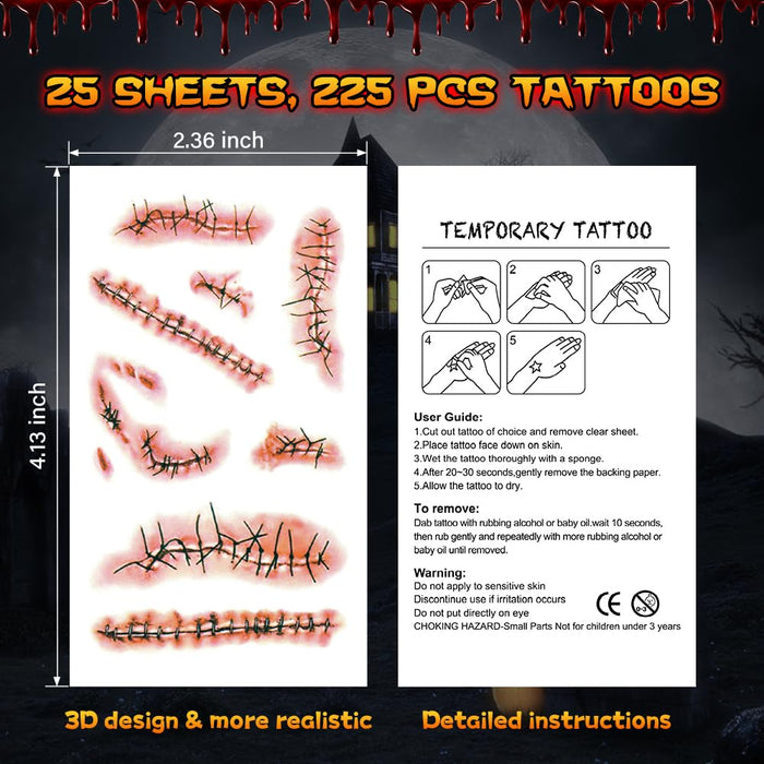 25 hojas de tatuajes temporales de puntadas de zombi de Halloween, cicatrices falsas de Chucky sangrientas - Quierox - Tienda Online