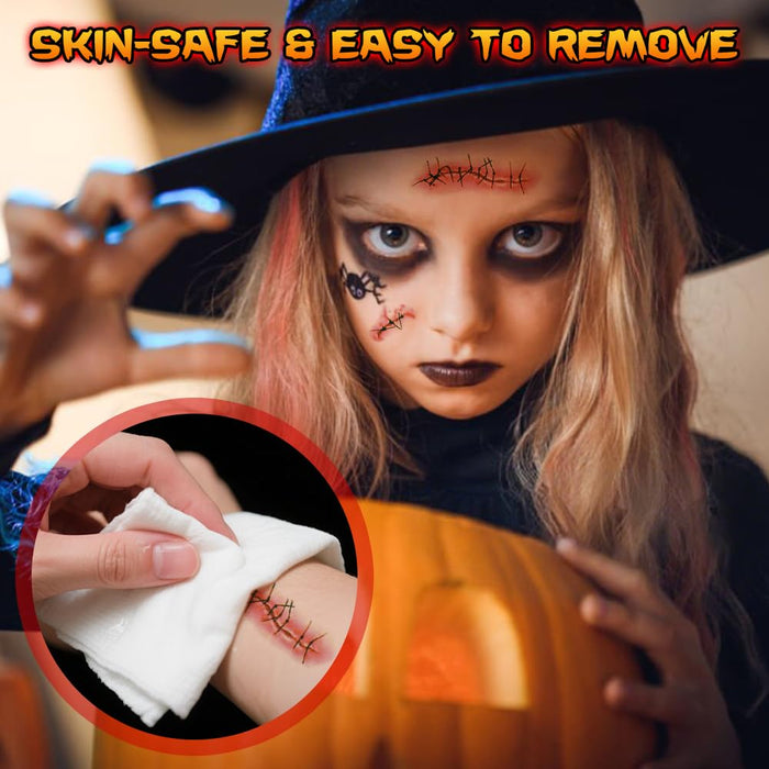 25 hojas de tatuajes temporales de puntadas de zombi de Halloween, cicatrices falsas de Chucky sangrientas - Quierox - Tienda Online
