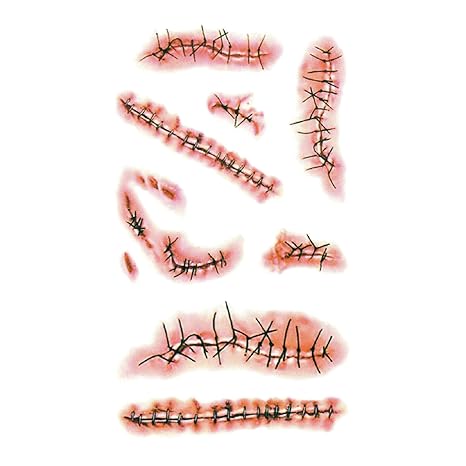 25 hojas de tatuajes temporales de puntadas de zombi de Halloween, cicatrices falsas de Chucky sangrientas - Quierox - Tienda Online