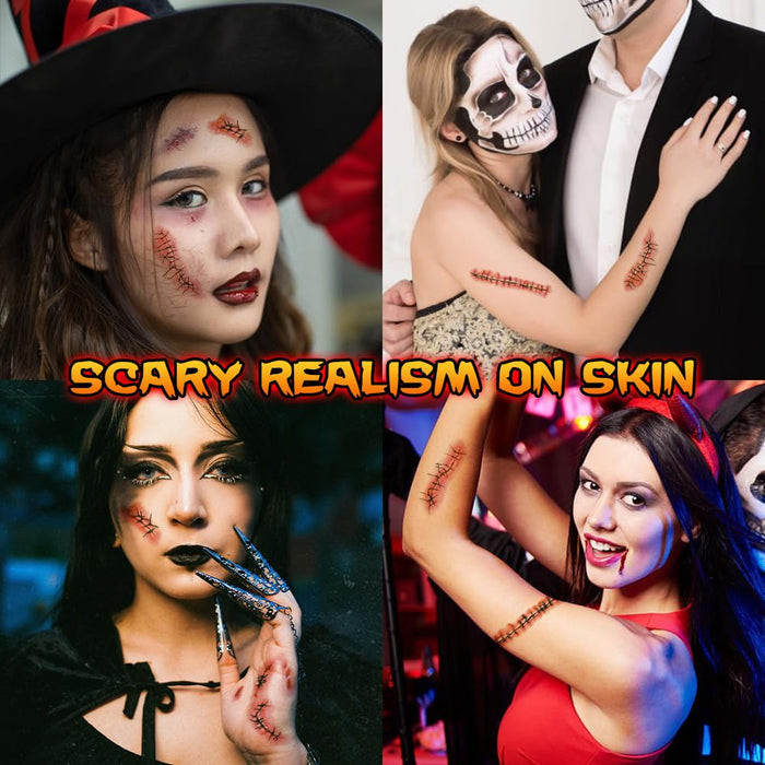 25 hojas de tatuajes temporales de puntadas de zombi de Halloween, cicatrices falsas de Chucky sangrientas - Quierox - Tienda Online