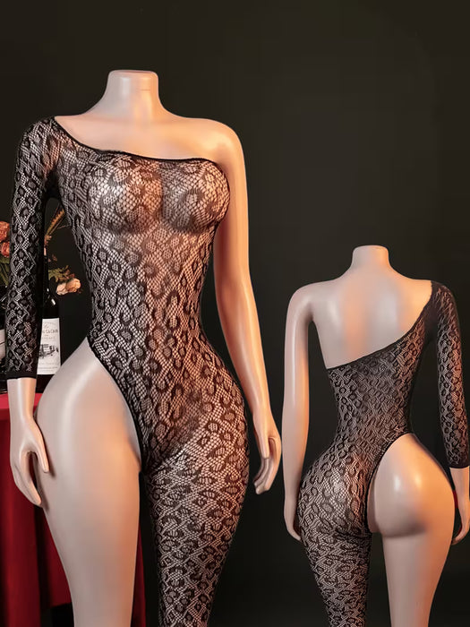 Body de manga larga con estampado de leopardo, transparente con calados