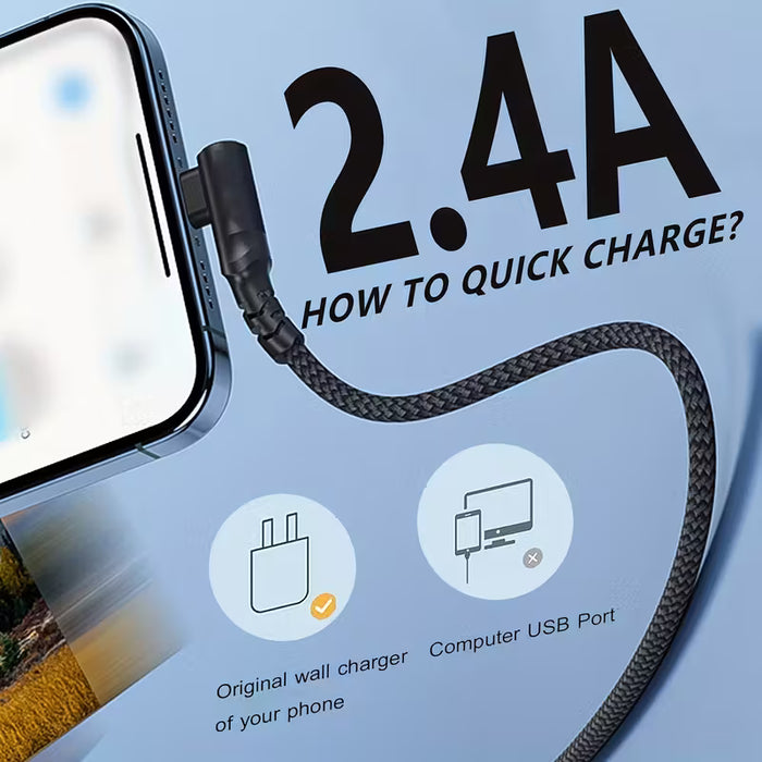 Cable Lightning derecho para iPhone 0.3m de nylon trenzado a 90 grados para carga rápida