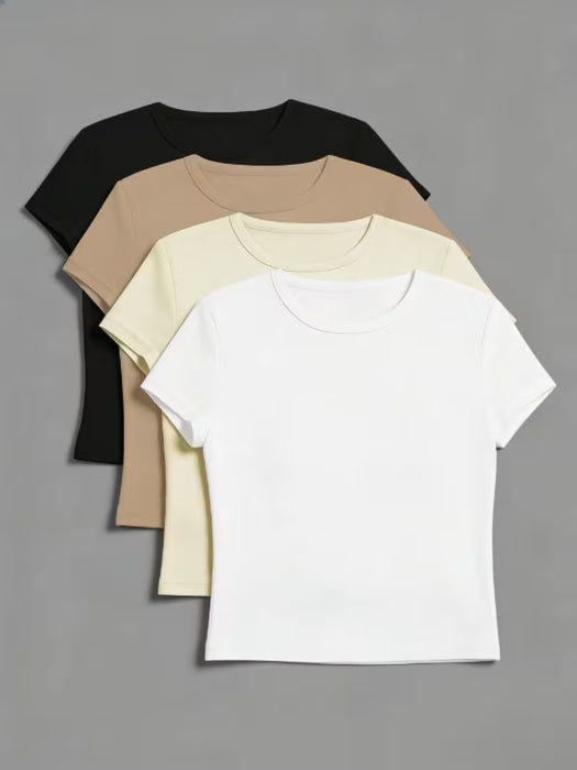 4 Camisetas de Manga Corta y Cuello Redondo, Color Sólido, Sencillas, Cómodas y Casuales