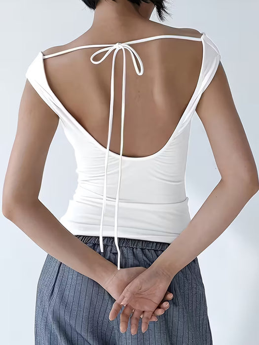 Camiseta sin hombros para mujer con volantes - Ajuste ceñido, color sólido