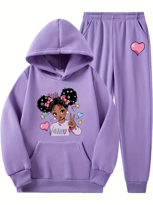 Conjunto de sudadera y pantalón para niñas con estampado de dibujos animados