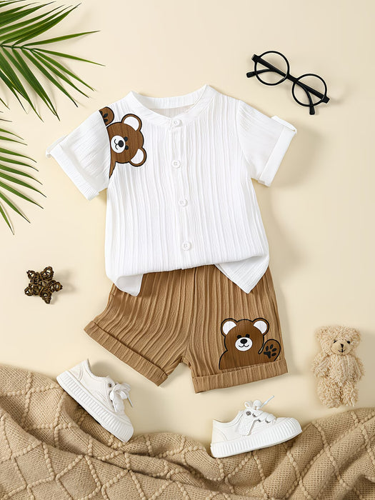 Conjunto de 2 piezas para niño con estampado de oso: cárdigan de manga corta y pantalones cortos