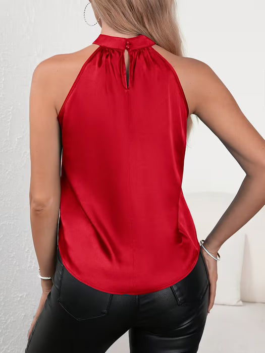 Camisa elegante de color sólido con cuello con corbata y ribete de volantes