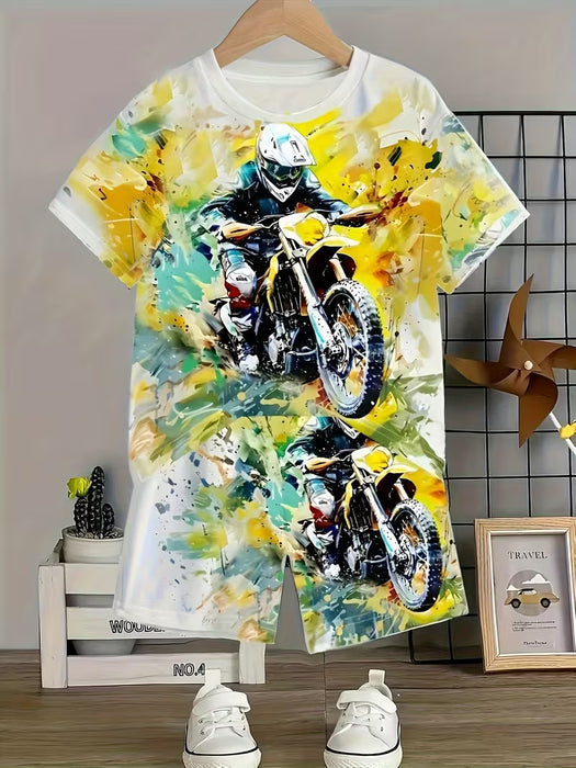 Conjunto de 2 piezas de camiseta de manga corta con cuello redondo y patrón de motocicleta