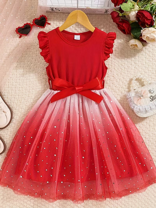 Vestido de verano para niña con manga de volantes, cuerpo de canalé