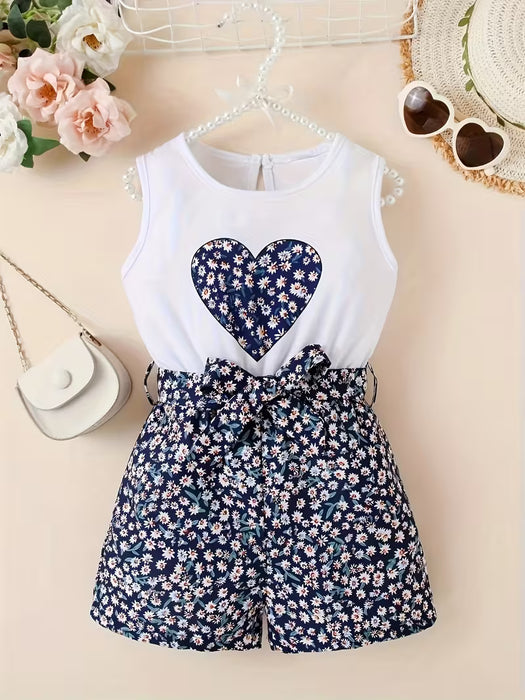 Mono floral sin mangas con gráficos de corazones entrelazados para chicas