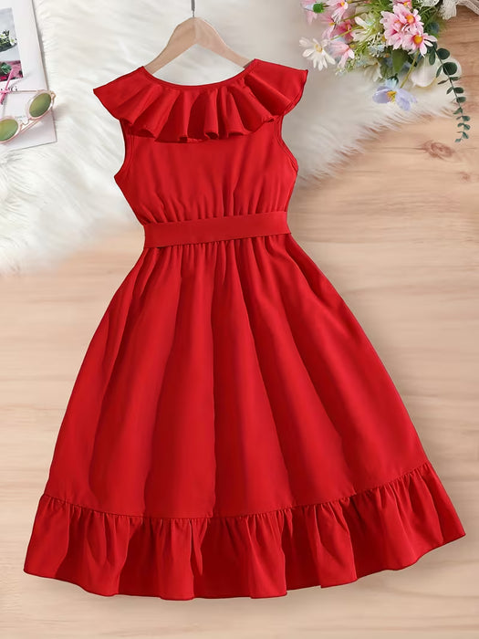 Vestido sin mangas con volantes en el cuello en V para niñas, cómodo