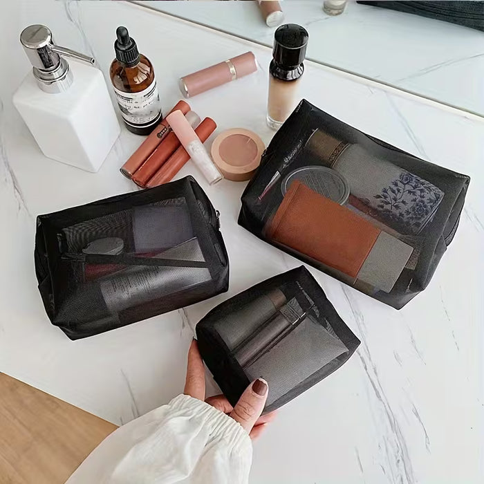 3 piezas de bolsas de maquillaje de malla transparente fácil