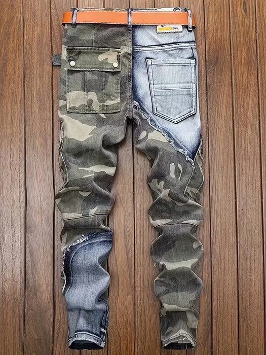 Jeans de trabajo de camuflaje con retazos, de ajuste entallado, elásticos y multibolsillos