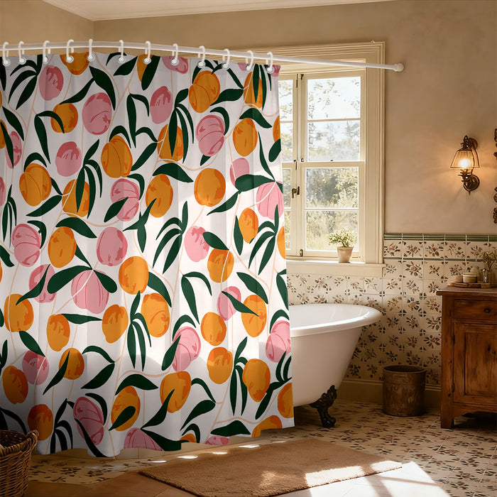 1 pieza Cortina de ducha con diseño de durazno rosa con rama y hoja verdes 180x180cm