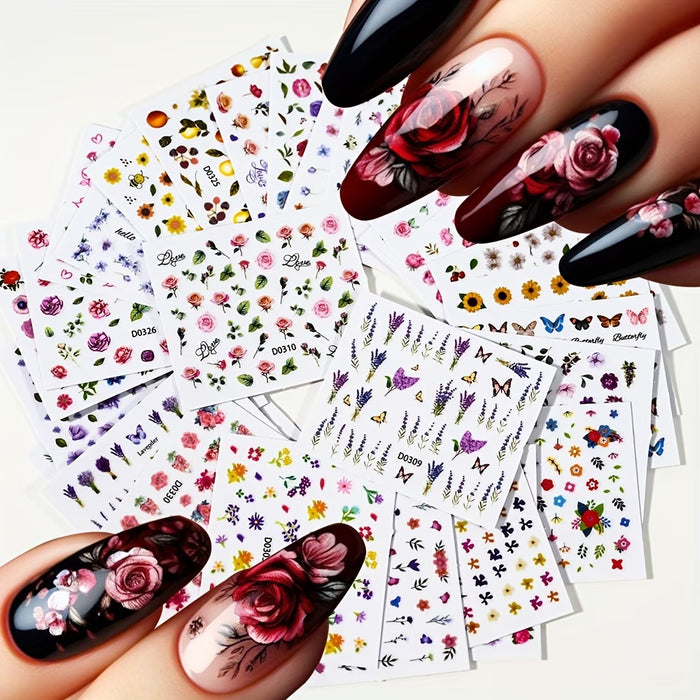 Set de 30 hojas de calcomanías 3D florales para uñas con diseños modernos