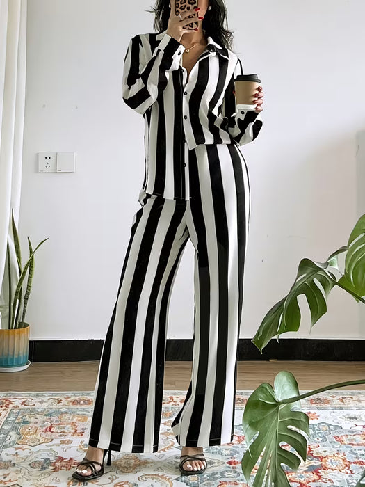 Conjunto Clásico de Rayas Verticales en Blanco y de 2 Piezas: Camisa + Pantalones