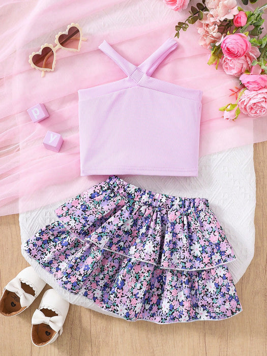 SHEIN Conjunto de ropa cómoda e informal para bebé niña de 2 piezas,con estampado floral.