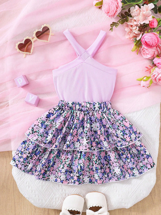 SHEIN Conjunto de ropa cómoda e informal para bebé niña de 2 piezas,con estampado floral.