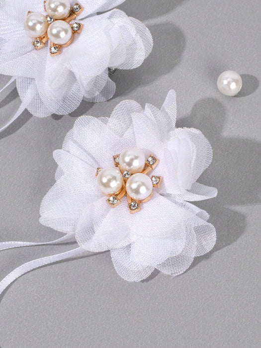 2pcs Clips para el cabello con flor blanca, con cola larga decorados con perlas