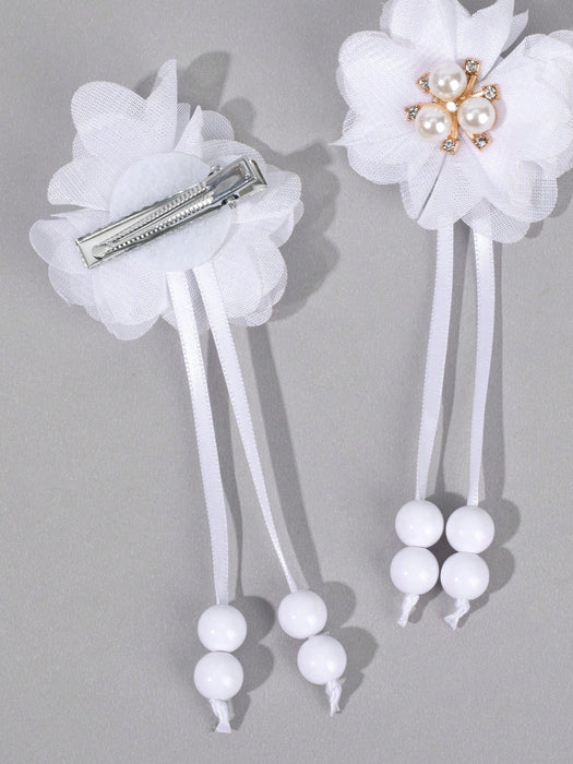 2pcs Clips para el cabello con flor blanca, con cola larga decorados con perlas