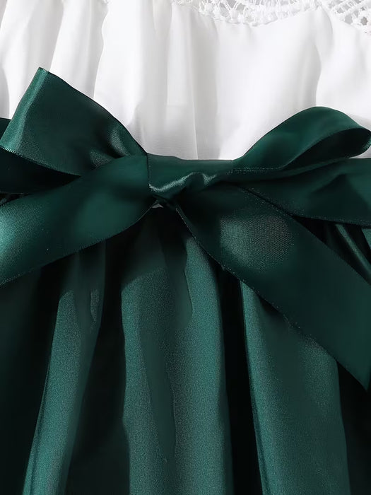 Vestido Tejido y Cuello de Encaje en Color Sólido con Cinturón para Niñas